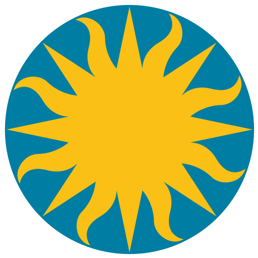 Logo of a yellow sunburst on turqouise background